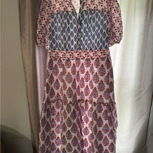 Boden Pink Floral Tiered Maxi Dress with Blue Printed Yoke